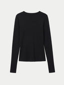 A black long-sleeve crewneck top displayed flat against a light gray background.
