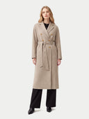 Model wearing the Double-Breasted Cashmere Coat in Taupe, full-length front view