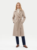 Model wearing the Natural Color Cashmere Wrap Coat with Belt in Taupe, front view