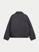 A dark gray puffer jacket shown from the back, featuring a small tonal logo on the upper back, set against a light gray background.
