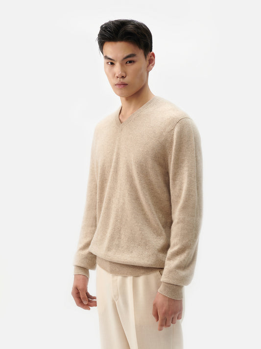 Men's Cashmere Basic V-Neck Sweater Warm Grey - Gobi Cashmere