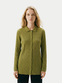 Shop GOBI Cashmere cardigans — woman in an olive green buttoned cashmere cardigan with collar