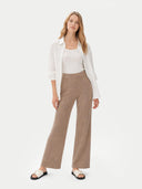 front view of a woman wearing a white shirt, beige wide-leg pants, and a white jacket on a white background  #color_taupe