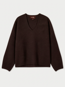 A dark brown long-sleeve V-neck knit sweater by GOBI, laid flat against a light gray background.