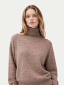 Front view of a brown knit roll-neck sweater featuring a heathered texture and wide ribbed hem. #color_taupe