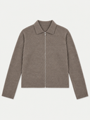 A taupe-brown knit zip-up jacket with a polo collar, displayed flat against a light gray background.