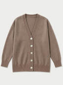 A taupe brown knit cardigan sweater with a V-neck, long sleeves, ribbed cuffs and hem, and five silver buttons, shown flat on a light gray background.