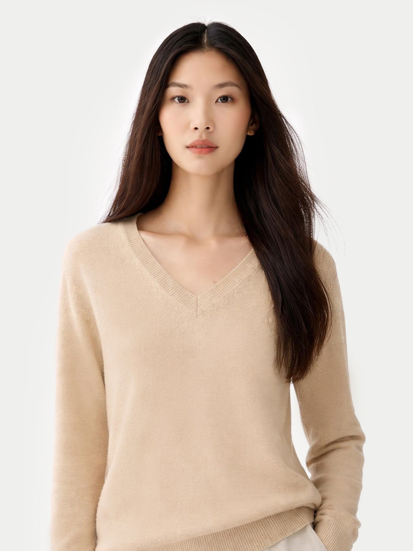Organic Color Cashmere Essential V-Neck Sweater Beige - Gobi Cashmere