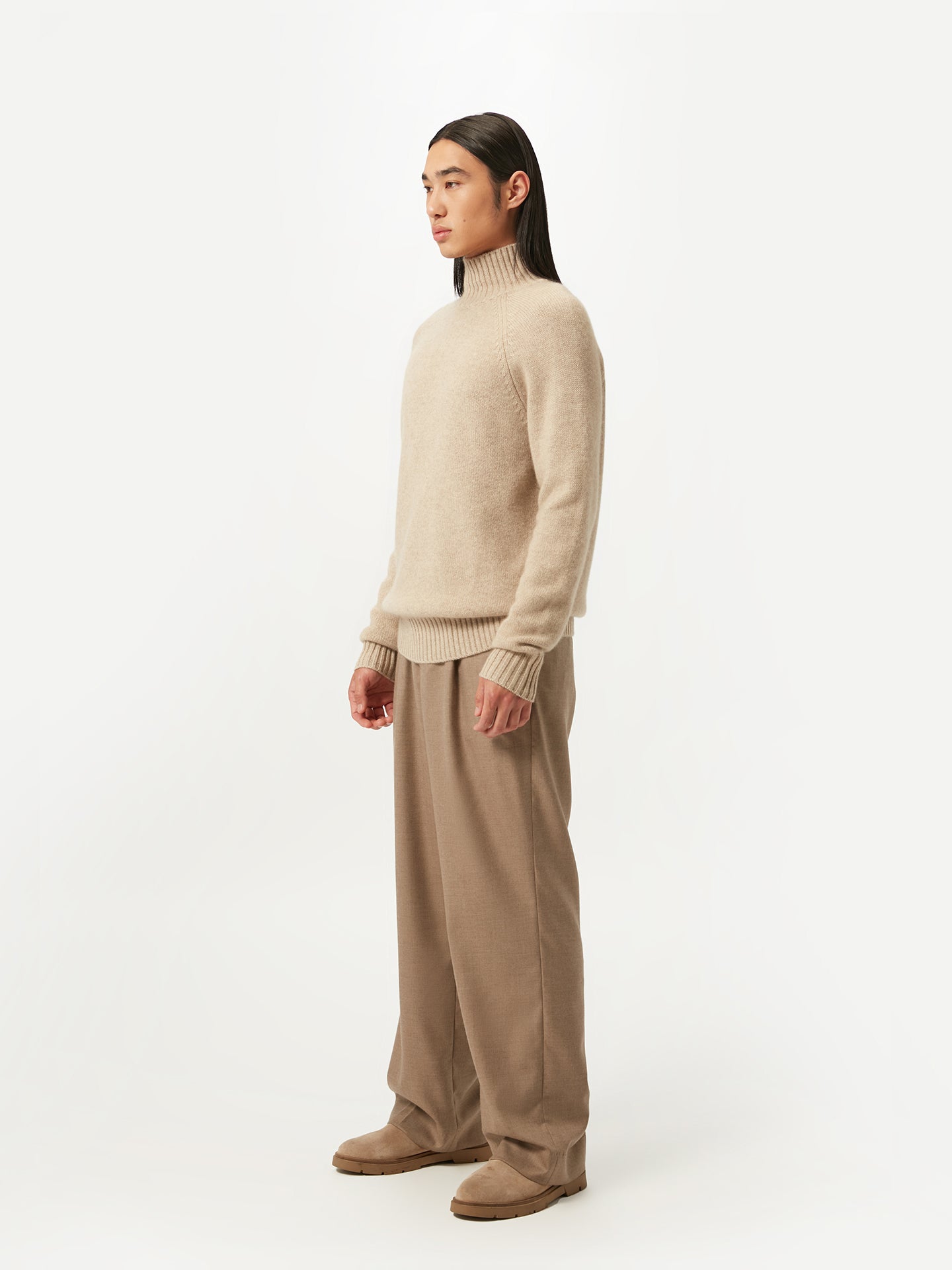 Men's Organic Cashmere Turtleneck with Ribbed Details Warm Grey - Gobi Cashmere