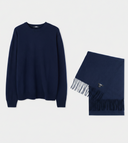 Navy blue sweater and matching scarf on a white background