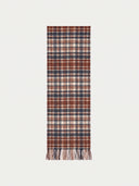 Cashmere Checked Jacquard Scarf in Coconut Brown, deep brown, navy and cream check, laid flat with fringed ends.
