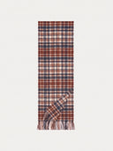 Cashmere Checked Jacquard Scarf in Coconut Brown, laid flat with one corner folded over to show the fringed edge.