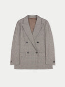 A double-breasted cashmere blazer with a subtle check pattern, displayed against a plain background. #color_warm-grey