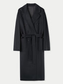 a black double breasted coat with belt and side pockets on a light gray background #color_black