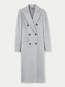 A long gray cashmere coat with a double-breasted lapel collar and long sleeves. #color_vapor-blue