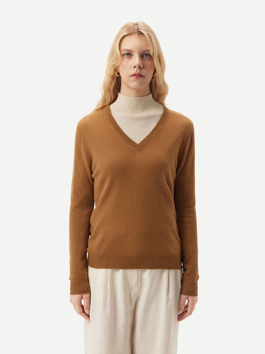 Women's Cashmere Basic V-Neck Sweater Almond - Gobi Cashmere
