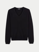 A black Essential Cashmere V-Neck Sweater displayed against a plain background. #color_black