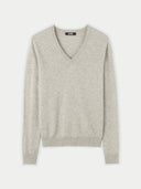 A light gray cashmere V-neck sweater. #color_dawn-blue
