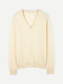 A beige cashmere v-neck sweater on a white background. #color_off-white