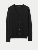 Black v-neck cardigan with buttons on a light gray background #color_black