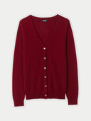 A red v-neck cashmere cardigan with button closures. #color_bordeaux
