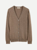 A beige v-neck cashmere cardigan with button closures.  #color_taupe