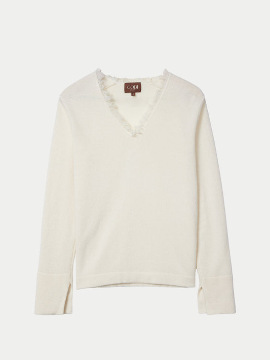 Organic Colour Fringed V-Neck Cashmere Sweater