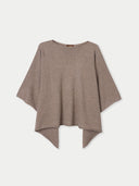 A taupe knit poncho-style top with wide short sleeves and an asymmetrical draped hem, shown flat against a light gray background.