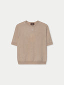 Beige short-sleeve, crew neck sweater with a small brand logo at the top-center on a light gray background #color_beige