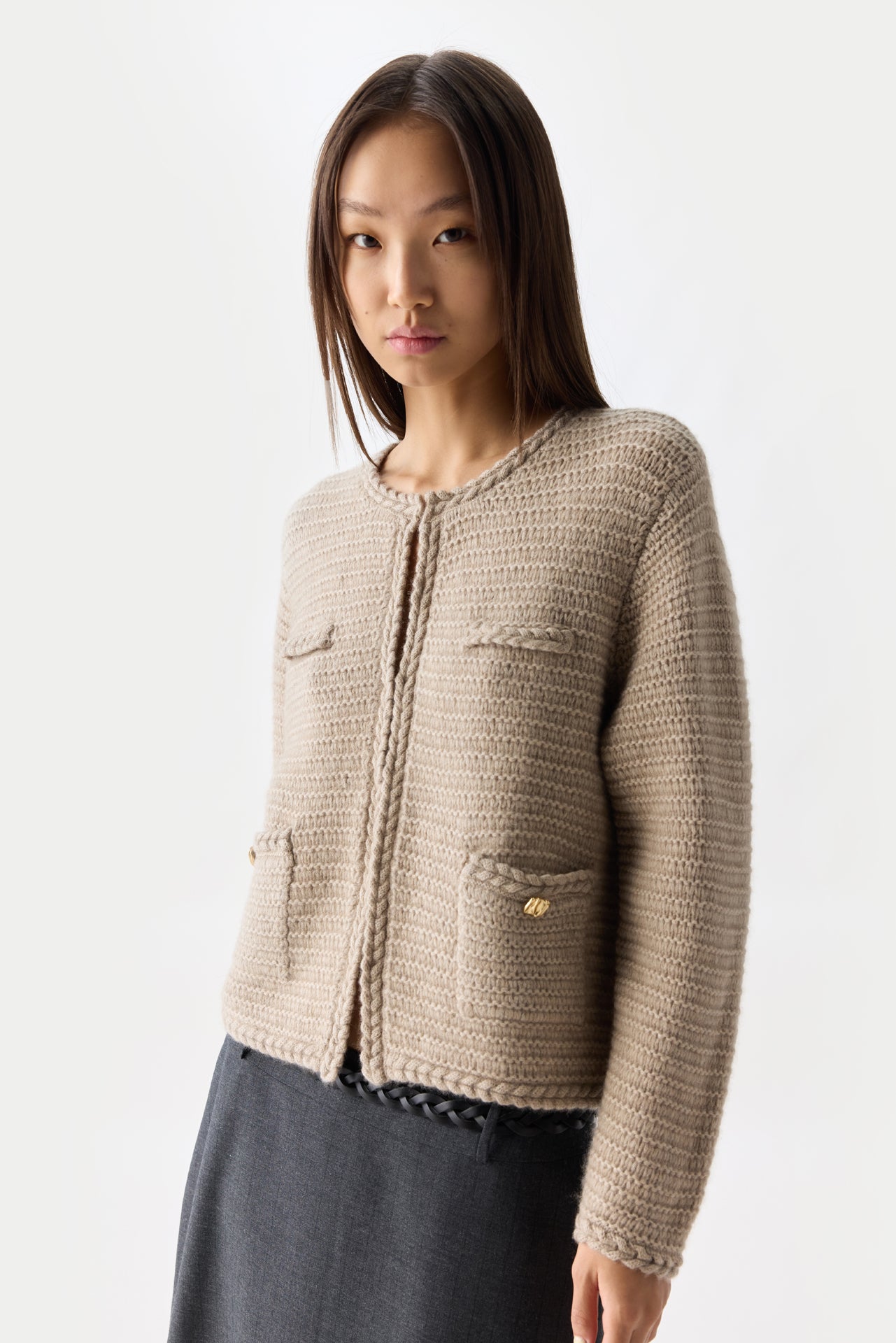 Organic Colour Textured Knit Cashmere Jacket Warm Gey-Style Cardigan