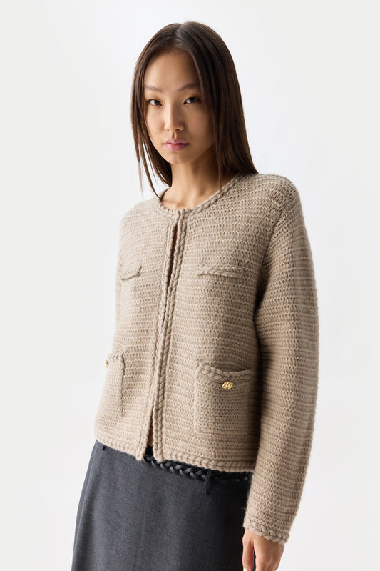 Organic Colour Textured Knit Cashmere Jacket Warm Gey-Style Cardigan