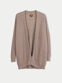 Front view of a taupe cashmere-style cardigan featuring a delicate pointelle or textured knit pattern and a minimalist, button-less design. #color_taupe