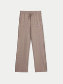 A pair of wide-leg lounge pants in a heathered taupe-brown fabric, featuring an elastic waistband with a drawstring and side pockets, shown against a light gray background.
