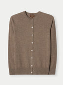 Brown crew neck cardigan with buttons on a light gray background #color_taupe