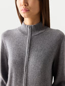 close up of a gray zip-up cardigan worn by a woman on a light gray background #color_dim-gray