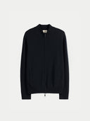 Black zip-up cardigan with side pockets on a light gray background #color_black