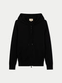 Black hoodie with a brand logo on a light gray background #color_black