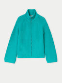 Teal knit cardigan on a light gray background #color_dynasty-green