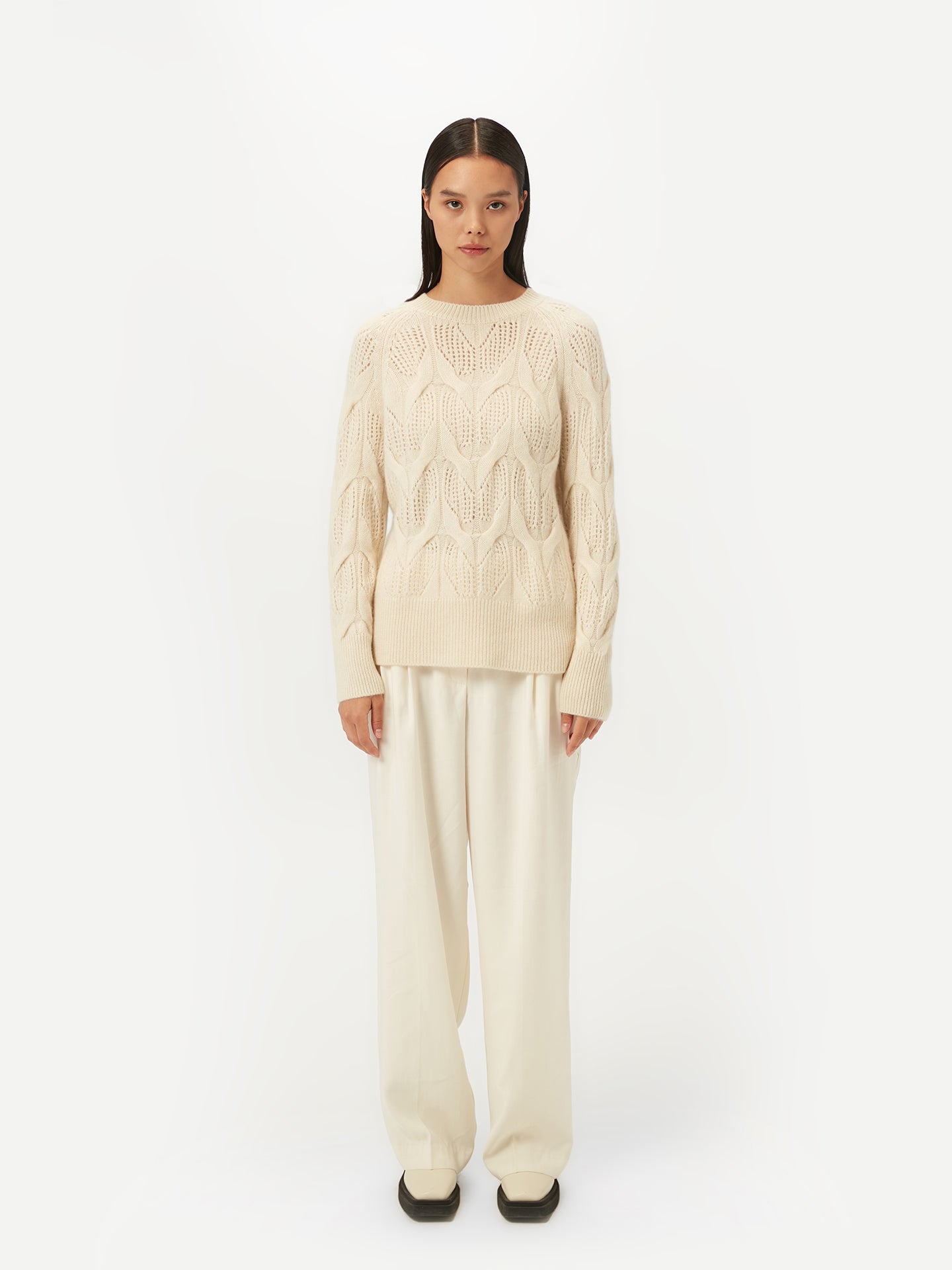 Women's Ajour-Knit Cashmere Crew-Neck Sweater White - Gobi Cashmere