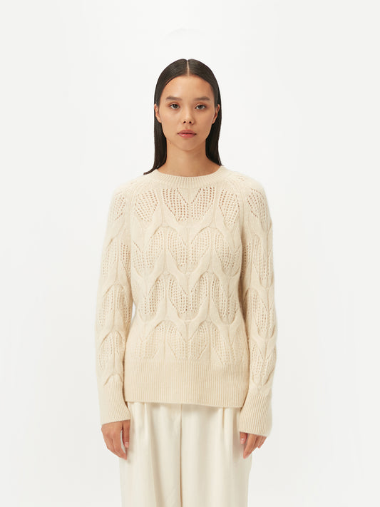 Women's Ajour-Knit Cashmere Crew-Neck Sweater White - Gobi Cashmere