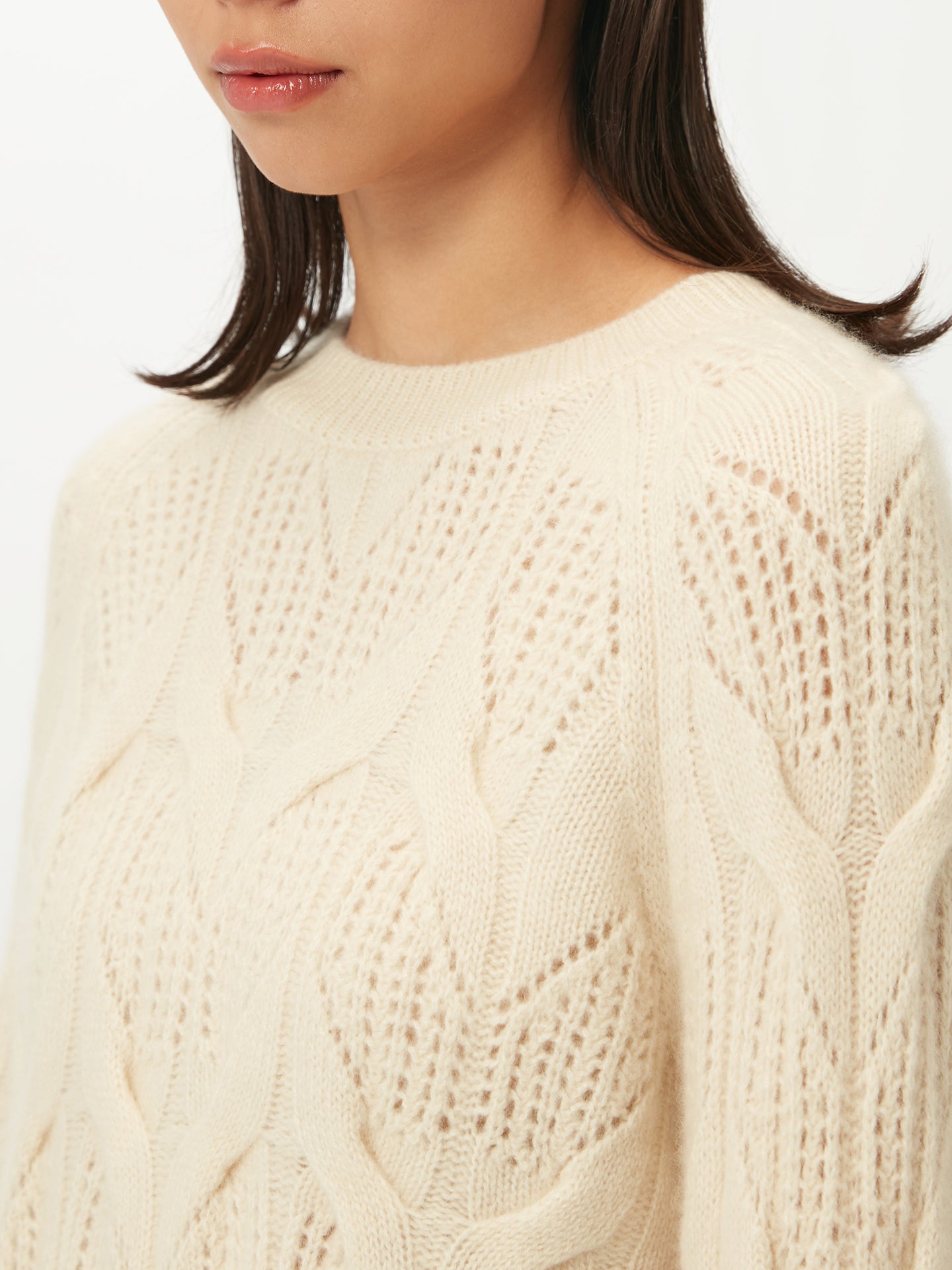 Women's Ajour-Knit Cashmere Crew-Neck Sweater White - Gobi Cashmere