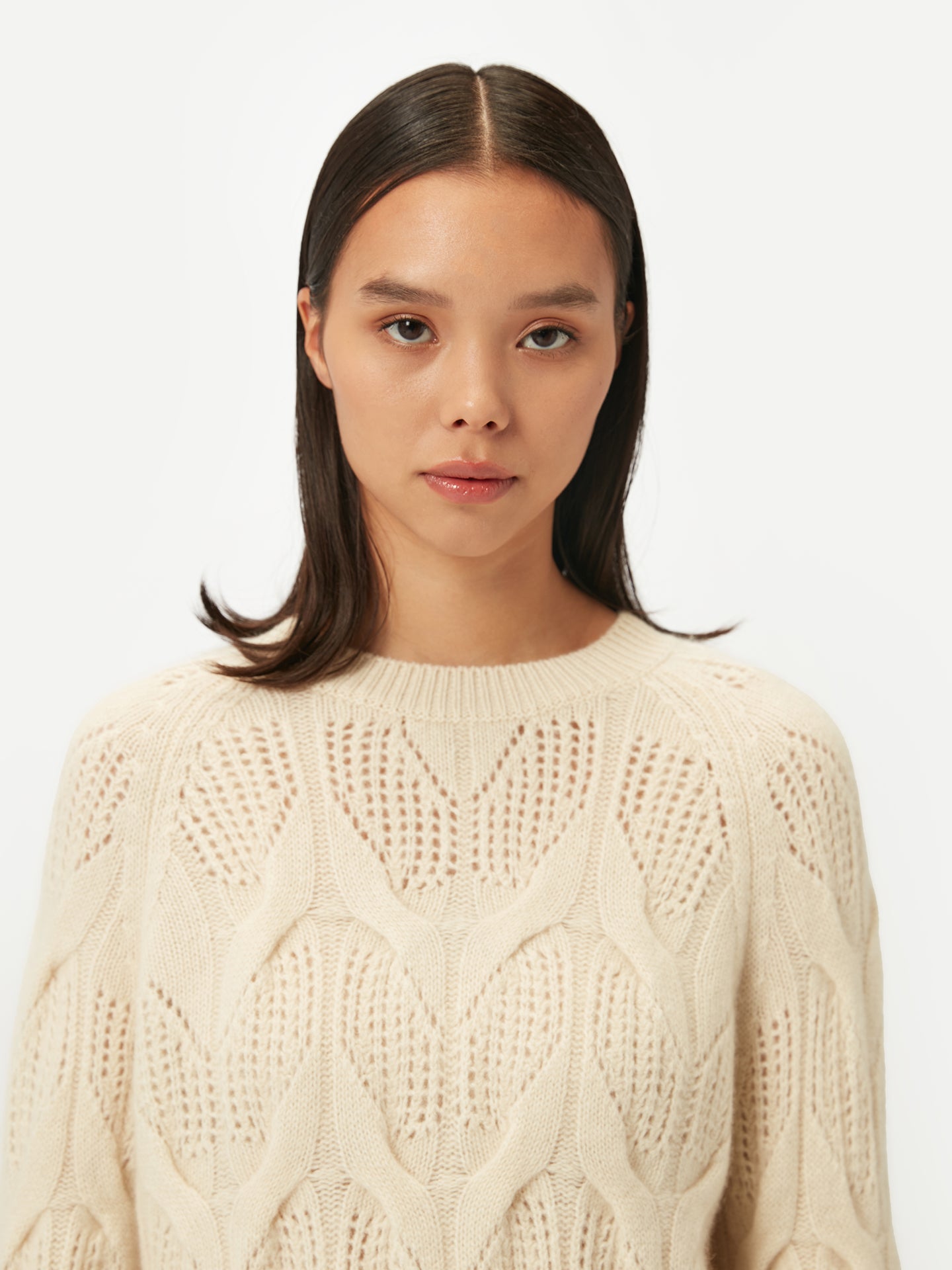 Women's Ajour-Knit Cashmere Crew-Neck Sweater White - Gobi Cashmere