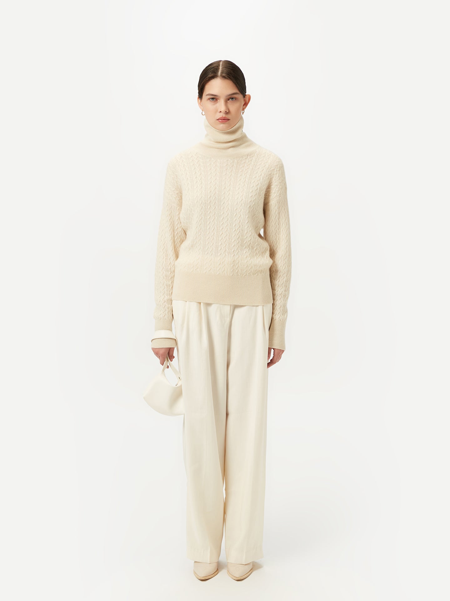 Women's Cable-Knit Cashmere Turtleneck Off White - Gobi Cashmere
