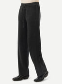 close up side view of dark gray straight leg joggers with black boots #color_charcoal