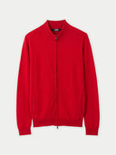 A red full-zip cashmere cardigan with long sleeves and a round neckline. #color_racing-red