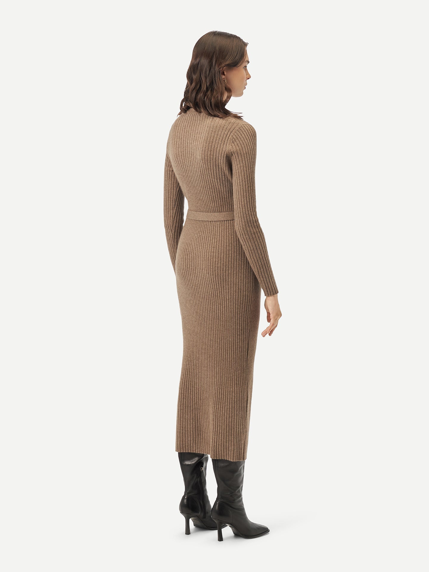 Women's Organic Cashmere Knit Dress with Belt Taupe - Gobi Cashmere