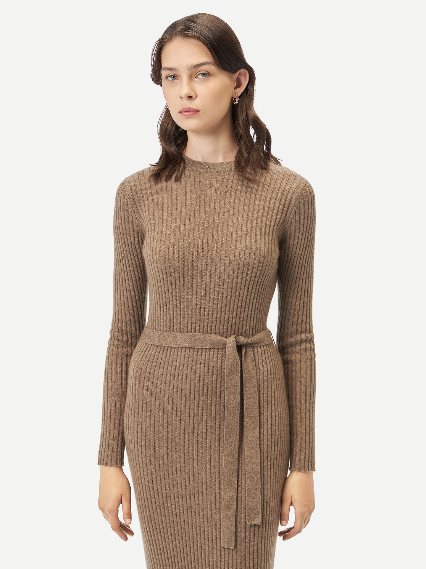 Women's Organic Cashmere Knit Dress with Belt Taupe - Gobi Cashmere