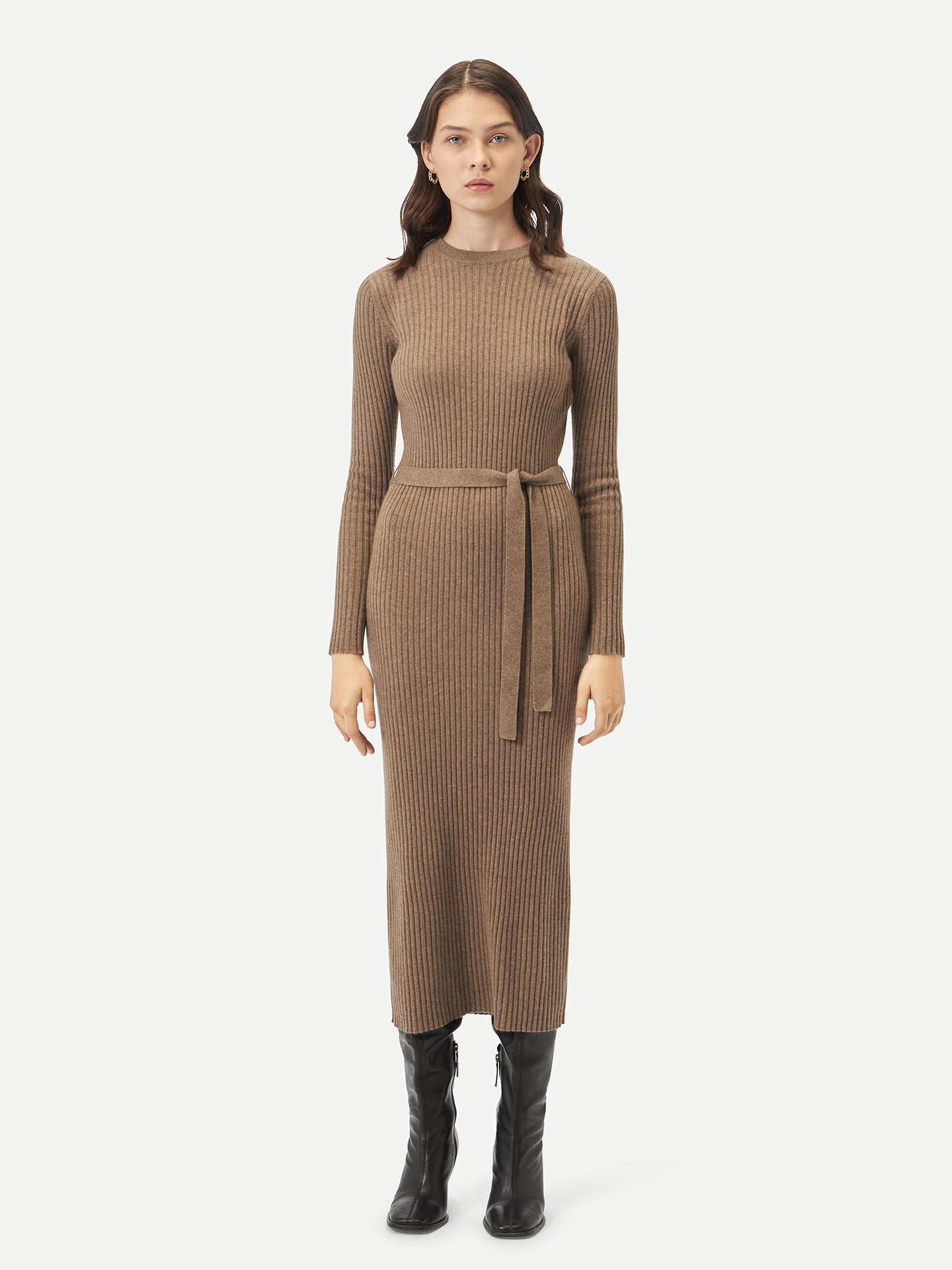 Women's Organic Cashmere Knit Dress with Belt Taupe - Gobi Cashmere
