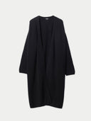 A long black maternity cashmere robe laid out flat against a white background, showing the front view with a modifiable belt loop. #color_black