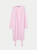 A long pink maternity cashmere robe with a modifiable belt loop, displayed against a white background. #color_almond-blossom
